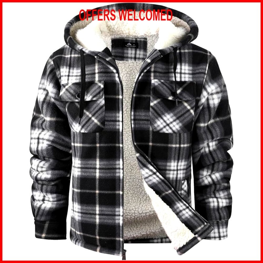 Men's Flannel Sherpa Lined Hooded Jacket Full Zip Winter Outwear